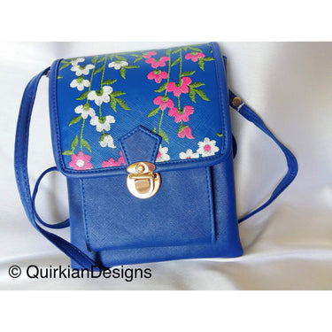 Blue Fake Leather Bag With Pink, Green And White Floral Embroidery Design, Day Clutch, Shopping Crossbody Sling Purse, Faux Leather Bag